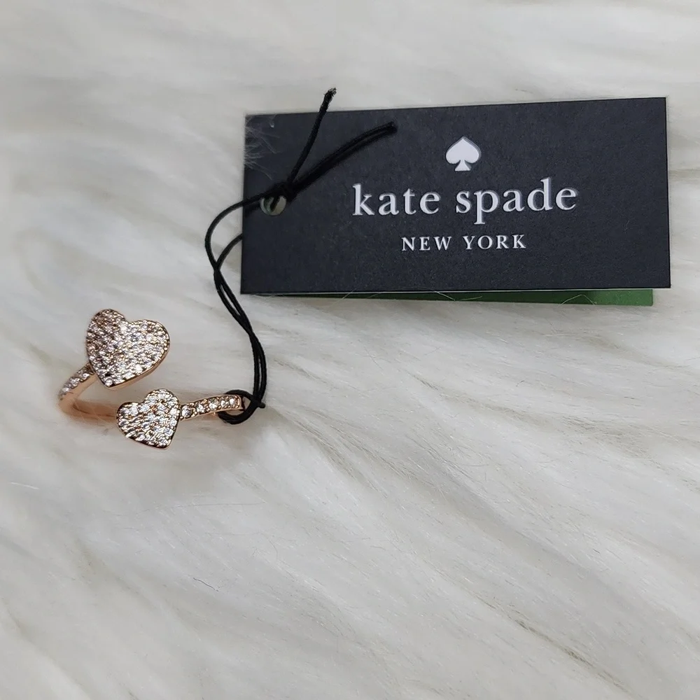 Kate Spade Yours Truly Pave Heart Ring Adjustable Clear/Rosegold - New with Tags